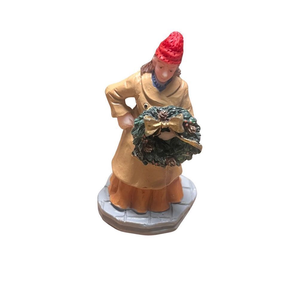 Lemax Christmas Village Collectible Mini Ceramic Figurine Statue Woman Wreath